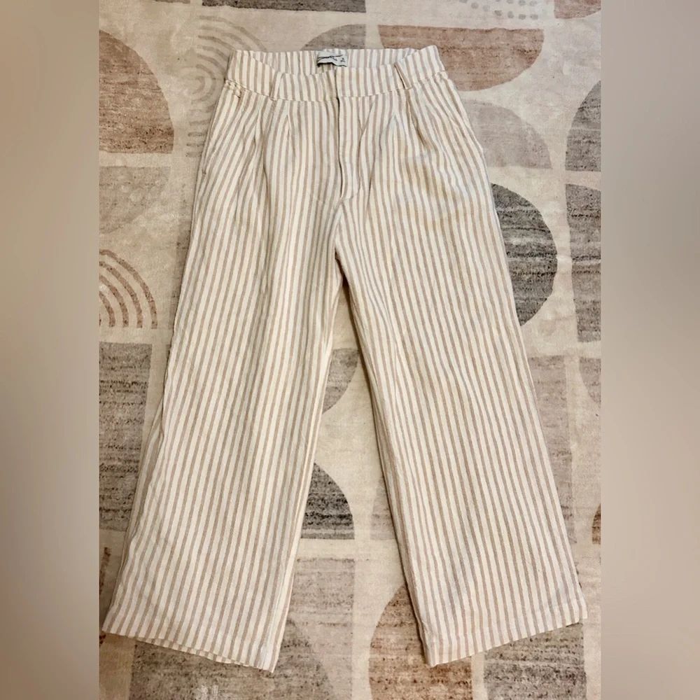 Abercrombie & Fitch Striped Tan Women’s Linen Blend lined Pant size:Sr - Picture 1 of 13